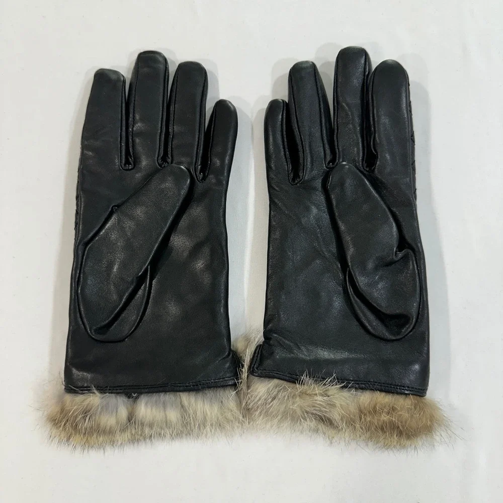 Quilted Leather Gloves Women One Size Black Fur Trim | Mob Wife Chic‎
